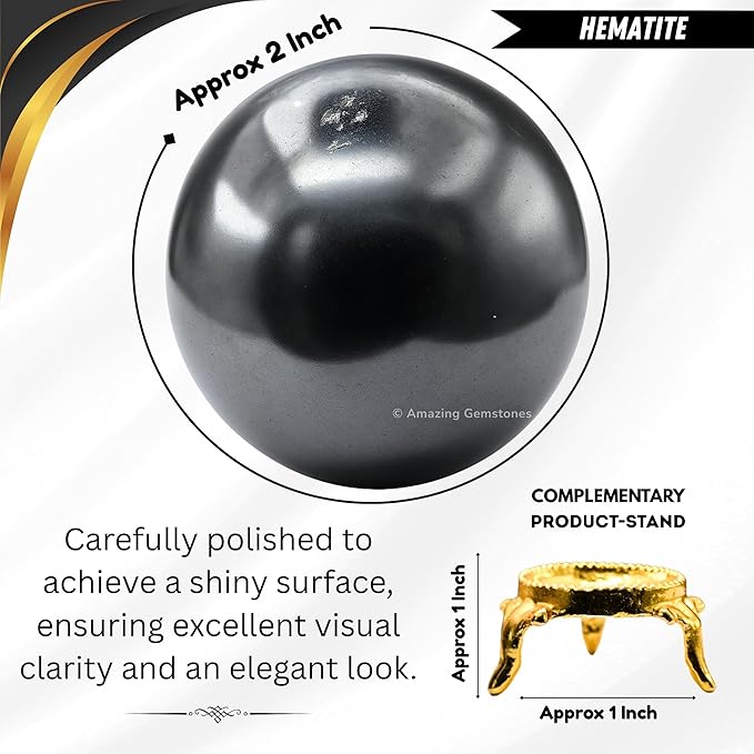 Amazing Gemstone Hematite Crystal Ball with Stand - 2 Inches Crystal Sphere Meditation Balls for Witchcraft and Decorative Balls