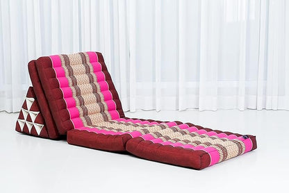 Leewadee Comfortable Japanese Floor Mattress - Thai Floor Bed with Triangle Cushion - Futon Mattress - XL Extra Long Thai Massage Mat, 89 x 20 inches, Auburn Pink, Kapok Filling