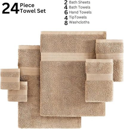 LANE LINEN 100% Cotton Towels Set for Bathroom - 24 Pc - Absorbent, Fast Drying, Machine Washable, Soft & Fluffy - 2 Bath Sheet, 4 Bath, 6 Hand Towel, 8 Washcloth, 4 Fingertip - Eco Friendly - Beige