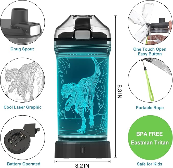 Lightzz Dinosaur Water Bottle, Dinosaur Toys for Kids 5-7 8-12 with 3D Glowing Light, 14 OZ Tritan BPA Free Cup, Dinosaur Gifts for Boys School Kid Child Holiday Camping Picnic