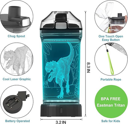 Lightzz Dinosaur Water Bottle, Dinosaur Toys for Kids 5-7 8-12 with 3D Glowing Light, 14 OZ Tritan BPA Free Cup, Dinosaur Gifts for Boys School Kid Child Holiday Camping Picnic