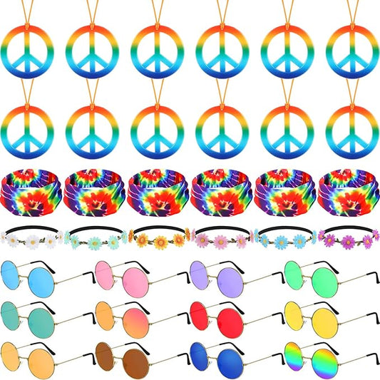 Kenning 36 Pcs Hippie Costume Accessory Set 60s 70s Peace Necklaces Sunflower Headband for Women Retro Round Sunglasses Bandana Headband for Men Hippie Dressing for Carnival Party Supplies (Classic)