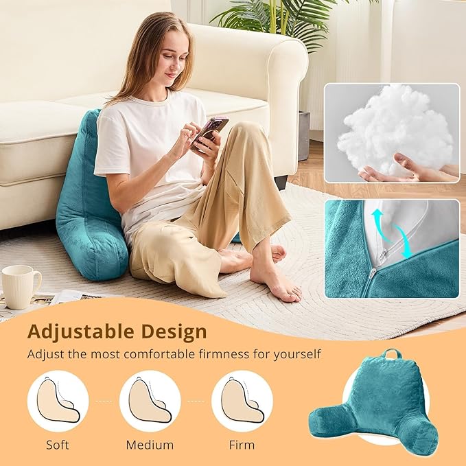 Sasttie Reading Pillow, Velvet Back Pillow for Bed Sitting Up, Adult Back-Rest Support Cushion with Arms for Sit Up on Couch, Sofa, and Floor, Dorm Essentials, Reading Accessories, Teal Blue