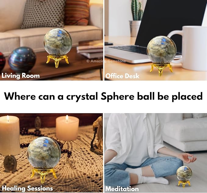 Amazing Gemstone Sun Moonstone Crystal Ball with Stand - 2 Inches Crystal Sphere Meditation Balls for Witchcraft and Decorative Balls