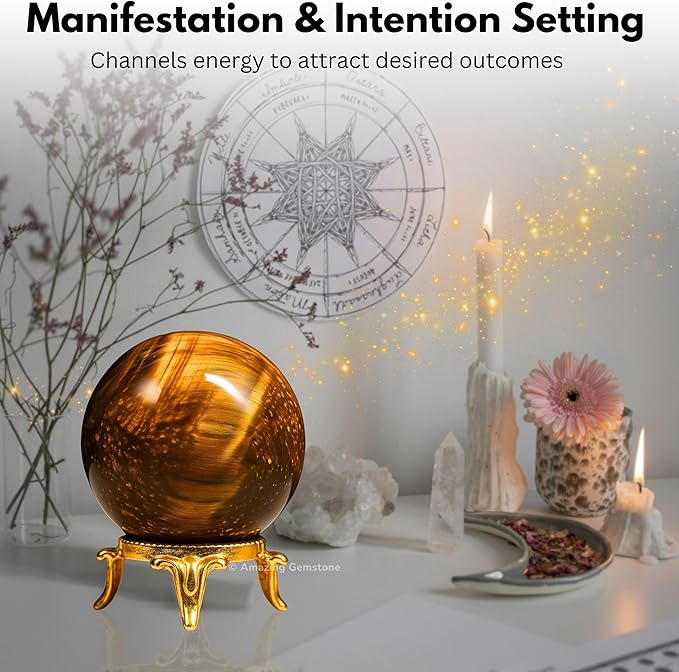 Amazing Gemstone Tiger Eye Crystal Ball with Stand - 2 Inches Crystal Sphere Meditation Balls for Witchcraft and Decorative Balls