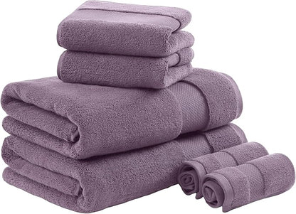 Madison Park Turkish 100% Cotton Towel Set, 600Gsm Luxury Premium Weight, Soft Absorbent Hotel Bathroom Shower Hand Face Washcloths, Assorted Sizes Purple 6 Piece