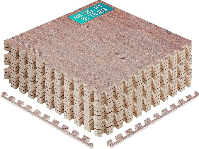 Yes4All 48SQ.FT Wood Grain Puzzle Exercise Mat Protective Flooring, EVA Interlocking Foam Floor Tiles with Border for Home