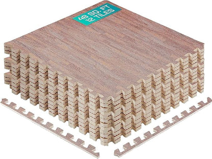 Yes4All 48SQ.FT Wood Grain Puzzle Exercise Mat Protective Flooring, EVA Interlocking Foam Floor Tiles with Border for Home