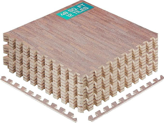 Yes4All 48SQ.FT Wood Grain Puzzle Exercise Mat Protective Flooring, EVA Interlocking Foam Floor Tiles with Border for Home