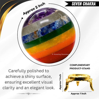 Amazing Gemstone Chakra Crystal Ball with Stand - 2 Inches Crystal Sphere Meditation Balls for Witchcraft and Decorative Balls