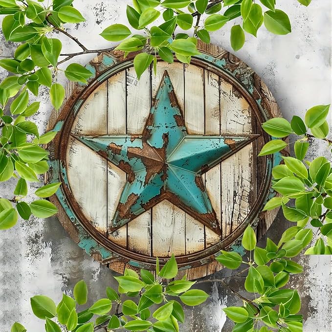Cbngaoey 1pc Rustic Texas Star Iron Wall Art, 8" Round Metal Tin Sign, Vintage Decor, No Electricity Needed, with Ideal Gift and Scrapbooking Accessory for Home, Cafe, Apartment, Restaurant