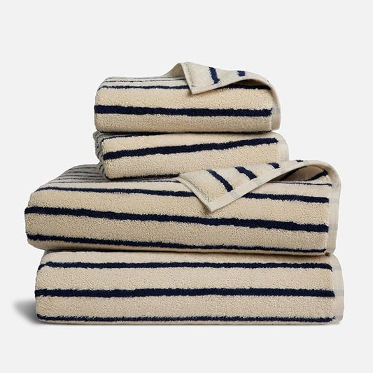 Brooklinen Super-Plush Turkish Cotton Bath Sheets Set - 2 Bath Sheets + 2 Hand Towels Cotton, 820 GSM, Highly Absorbent, Machine Washable, Perfect for Home & Bathroom (Striped Navy)