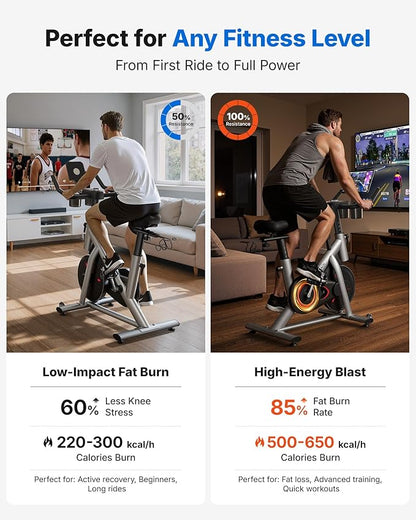 MERACH Exercise Bike, Brake Pad Stationary Bike with Exclusive App, Low Noise Indoor Cycling Bike with 300lbs Weight Capacity, Tablet Mount and Fitness Courses for Weight Loss