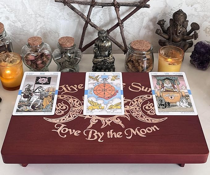 Altar Table, Meditation Table, Small Altar Table, Wooden Witch Altar, Wiccan Alter Table, Buddhist Shrine, Engraved Triple Goddess on Table Top, 12 × 8 inches