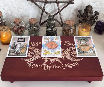 Altar Table, Meditation Table, Small Altar Table, Wooden Witch Altar, Wiccan Alter Table, Buddhist Shrine, Engraved Triple Goddess on Table Top, 12 × 8 inches