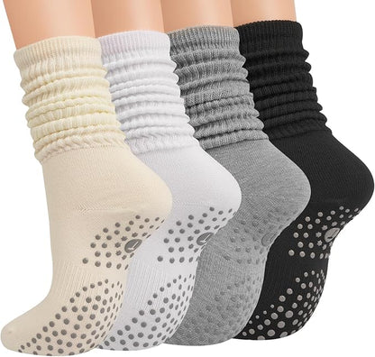 Grip Pilates Slouch Socks for Women, Non Slip Scrunch Yoga Barre, Grippy Slouchy Knee High Boot Socks for Hospital