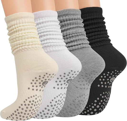 Grip Pilates Slouch Socks for Women, Non Slip Scrunch Yoga Barre, Grippy Slouchy Knee High Boot Socks for Hospital