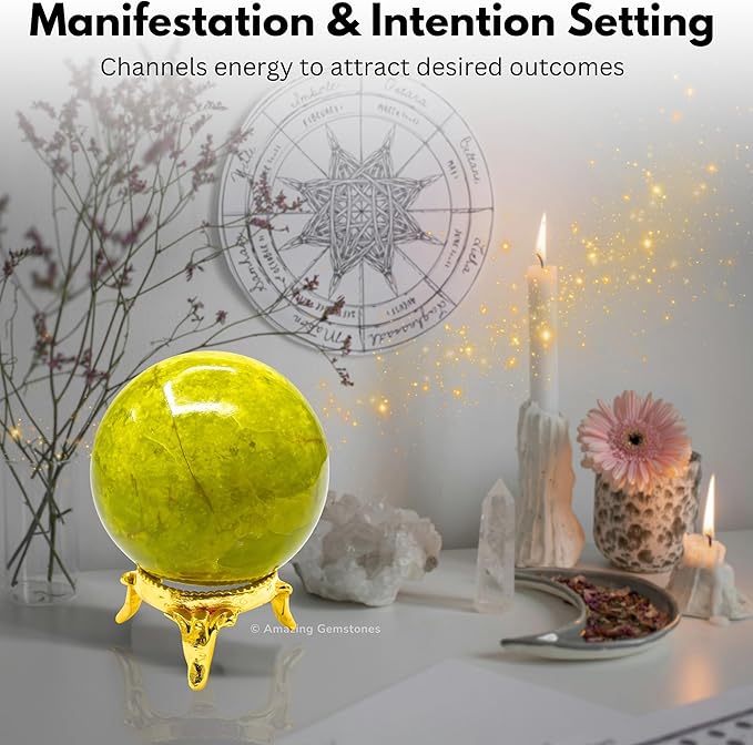 Amazing Gemstone Green Opal Crystal Ball with Stand - 2 Inches Crystal Sphere Meditation Balls for Witchcraft and Decorative Balls