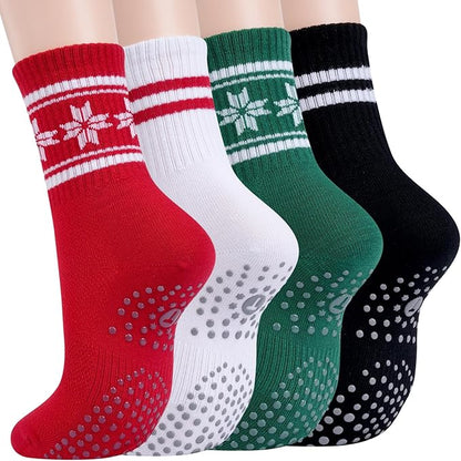 Toes Home Pilates Socks for Women with Non Slip Grippers, Yoga Crew Socks for Barre Hospital Sticky Slipper Socks 4 Pairs