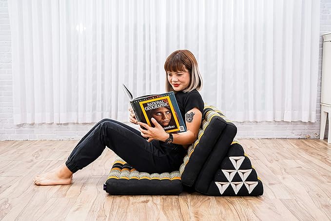 Leewadee Comfortable Japanese Floor Mattress - Thai Floor Bed with Triangle Cushion - Futon Mattress - XL Extra Wide Thai Massage Mat, 67 x 31 inches, Black Orange, Kapok Filling