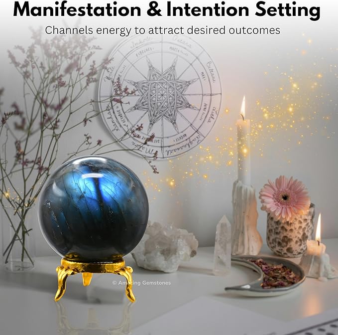 Amazing Gemstone Labradorite Crystal Ball with Stand - 2 Inches Crystal Sphere Meditation Balls for Witchcraft and Decorative Balls