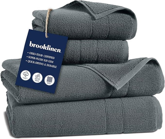 Brooklinen Super-Plush Turkish Cotton Bath Towel Set - 2 Bath Towels + 2 Hand Towels Cotton, 820 GSM, Highly Absorbent, Machine Washable, Perfect for Home & Bathroom (Slate Grey)
