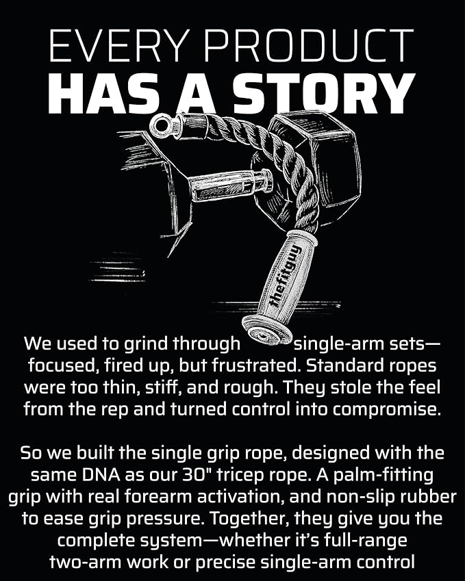 Ergonomic Grip Single Tricep Rope Cable Attachment, 16.5” Length, Comfort Nonslip, Reducing Wrist Pressure & Rubs, Easy to Clean, Gym Pull Machine Accessory for Cable Machines and Smart Gyms