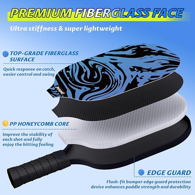 Pickleball Paddles Set of 2, Fiberglass Pickle Ball Rackets, Lightweight Paddle Set Includes 4 Outdoor Indoor Balls, 2 Grip Tapes & Carry Bag, Oversized Sweet Spot for Men, Women, Adult, Teenager