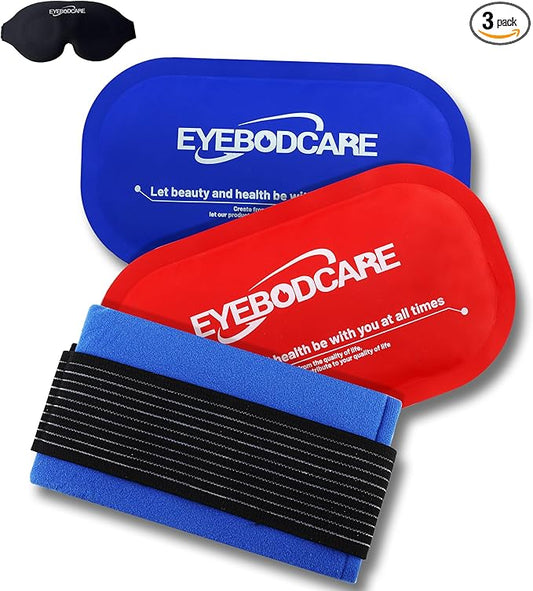 Reusable Ice Packs for Injuries, Hot and Cold Therapy Gel Ice Packs with Flexible Wrap and Eye Mask, for Joint Pain, Swelling, Muscle Pain, Knees, Back, Shoulder & More (3-Piece Set)