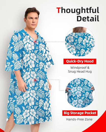 Abahub Surf Poncho Men & Women Towel Poncho Adult with Hood, Thick Quick Dry Changing Poncho Towel, Microfiber Wearable Cover Up for Surfing Beach Swim - Absorbent Changing Towel L (Blue Flower)