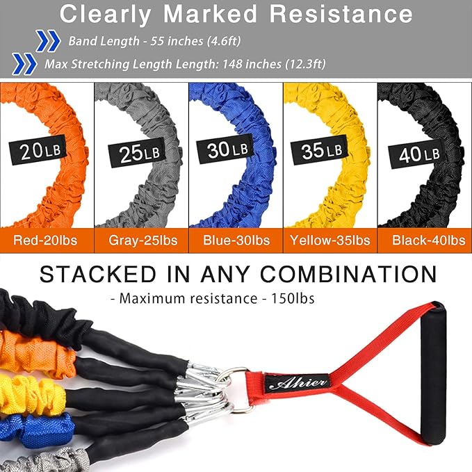AHIER 14PCS Resistance Bands Set, Exercise Bands for Men & Women, 20lbs to 40lbs Workout Bands, Elastic Resistance Bands with Door Anchor, and Ankle Straps for Training, Yoga