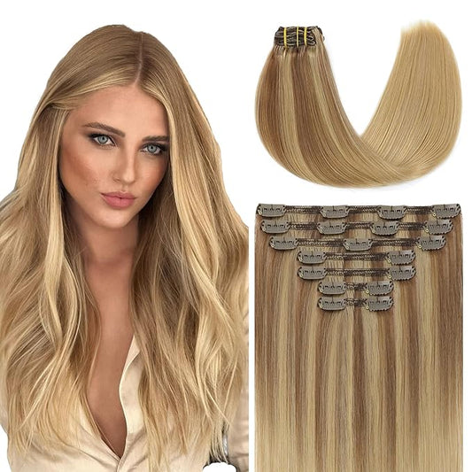 Youngsmile Clip in Hair Extensions Human Hair, Human Hair Extensions Clip in,Golden Brown Fading to Dark Golden Blonde, Full Head, 18 Inch 160 Gram 7Pcs/Set (7C#10/27/27-18Inch)