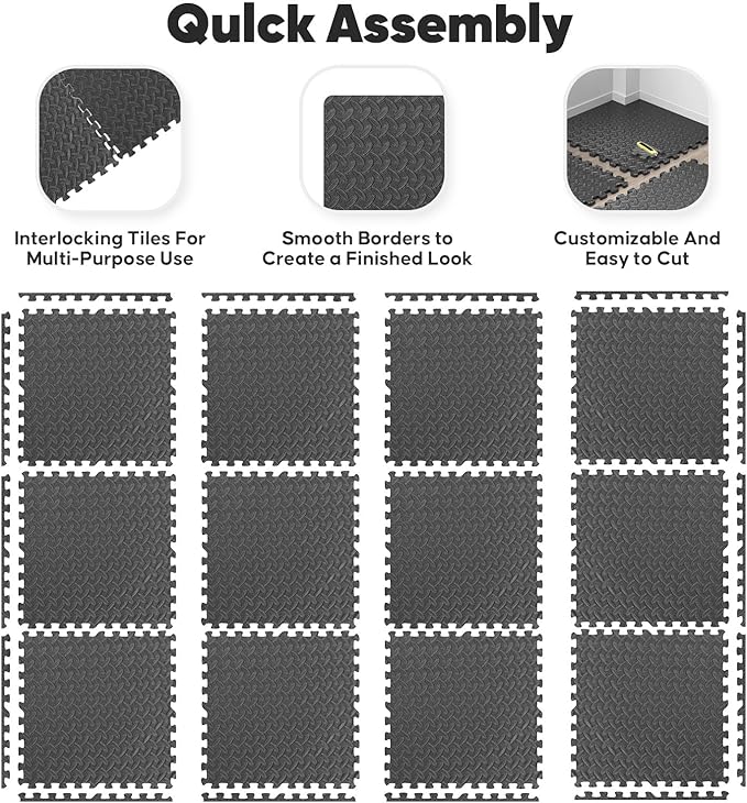 Home Gym Mat, Puzzle Exercise Mat, EVA Interlocking Foam Floor Tiles for Home Workout Equipment and Kids' Play Areas - Blue, 24 in x 24 in x ½ in - (Black, 36 Pack (144 SQ FT))