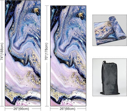 QiyI Yoga Mat Towel with Corner Pockets, Non Slip Sweat Absorbent Hot Yoga Towels, Soft Yoga Blankets with Travel Bag, Skidless Mat Cover for Workout, Gym, Fitness - 74"x26", Purple Gold Marble