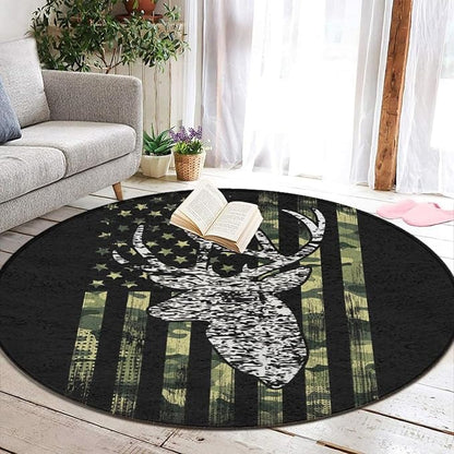 Large Home Decor Mat, Soft Round Yoga Carpet, Non-Slip Machine Washable Kitchen Office Circle Rug Compatible with Deer Camo Camouflage American Flag Hunting Black