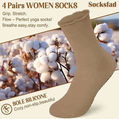 4 Pairs Pilates Socks with Grips for Women Yoga Ruffle Cute Grip Socks Pilates Non Slip Crew Ballet Hospital Workout