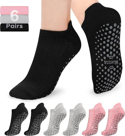 Muezna 6 Pairs Pilates Grip Socks for Women, Non Slip Yoga Socks with Grips, Grippy Socks for Barre, and Hospital