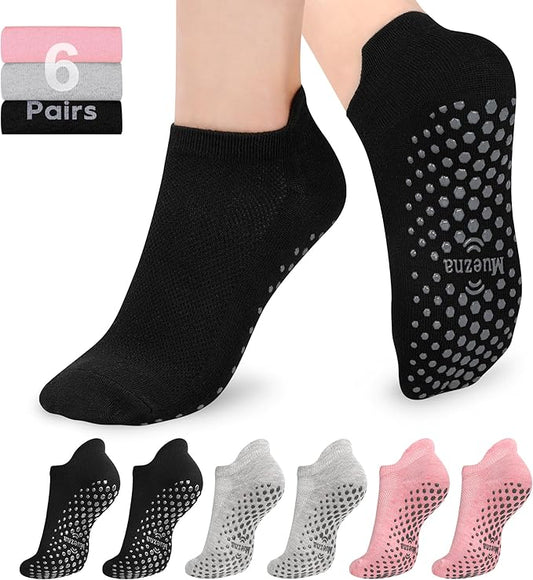 Muezna 6 Pairs Pilates Grip Socks for Women, Non Slip Yoga Socks with Grips, Grippy Socks for Barre, and Hospital