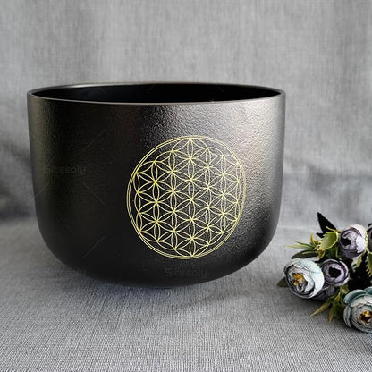 11" C Note Crystal Singing Bowl Black Life of Flower Root Chakra Quartz Singing Bowl Meditation Sound Healing with Suede Striker O-ring
