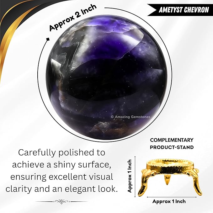 Amazing Gemstone Amethyst Chevron Crystal Ball with Stand - 2" Inches Crystal Sphere Meditation Balls for Witchcraft and Decorative Balls