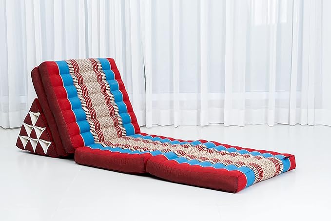 Leewadee Comfortable Japanese Floor Mattress - Thai Floor Bed with Triangle Cushion - Futon Mattress - XL Extra Long Thai Massage Mat, 89 x 20 inches, Blue Red, Kapok Filling