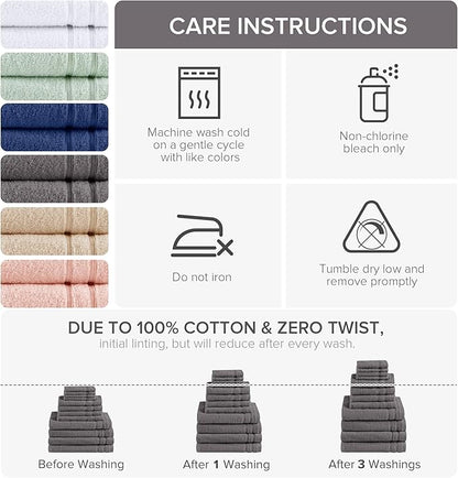 Comfort Spaces Luxury Bath Towel Set - 12 piece Set, Quick Dry, 4 Hand Towels, 4 Washcloths, 4 Large Bath Towels, 100% Cotton, Zero Twist, Soft, Lightweight, Dark Grey