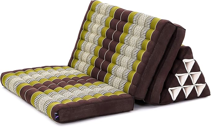 Leewadee 3-Fold Mat XXL with Triangle Cushion – Firm TV Pillow, Foldable Mattress with Cushion Made of Kapok, 67 x 31 inches, Brown Green