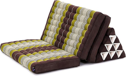 Leewadee 3-Fold Mat XXL with Triangle Cushion – Firm TV Pillow, Foldable Mattress with Cushion Made of Kapok, 67 x 31 inches, Brown Green