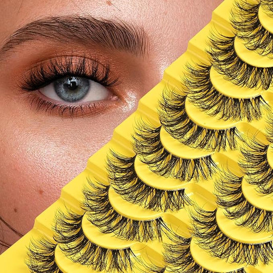 Mink Lashes Clear Band Natural Eyelashes 10 Pairs Reusable Fake Lash 6D Curl Short False Eyelash Small Volume Cluster Strip Lashes Wispy Eyelash Packs