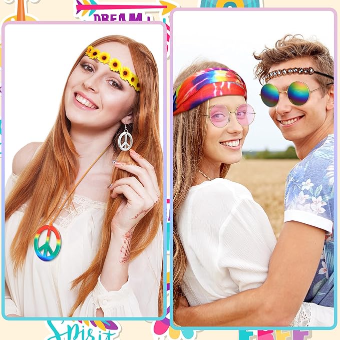 Remuuly 16 Pcs Hippie Costume Accessories for Women 60s 70s Accessory Set Includes Headband Hippie Sunglasses Peace Sign Earrings and Necklace Jewelry Outfits Men Women Costume Party Supplies