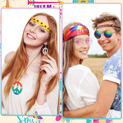 Remuuly 16 Pcs Hippie Costume Accessories for Women 60s 70s Accessory Set Includes Headband Hippie Sunglasses Peace Sign Earrings and Necklace Jewelry Outfits Men Women Costume Party Supplies