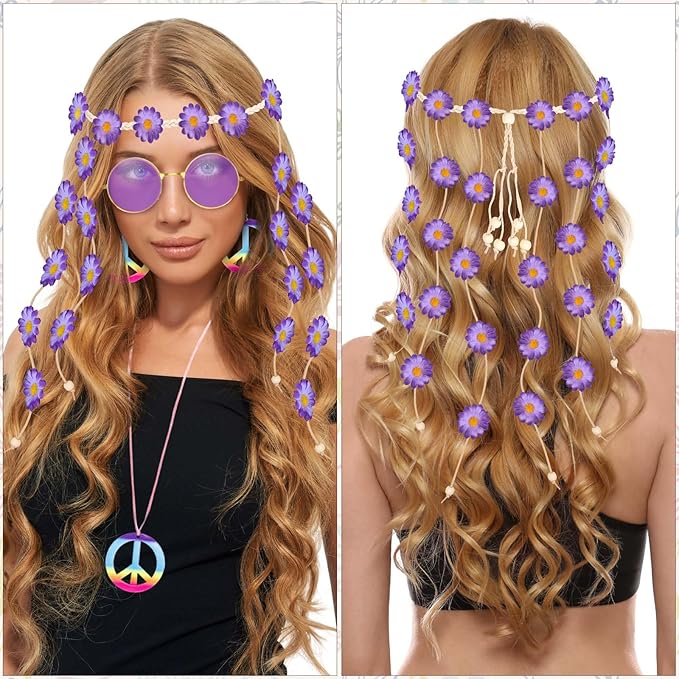 6 Pcs Hippie Costume Accessories Set, Flower Hippie Headband Boho Peace Sign Necklace Earrings Sunglasses Bracelet