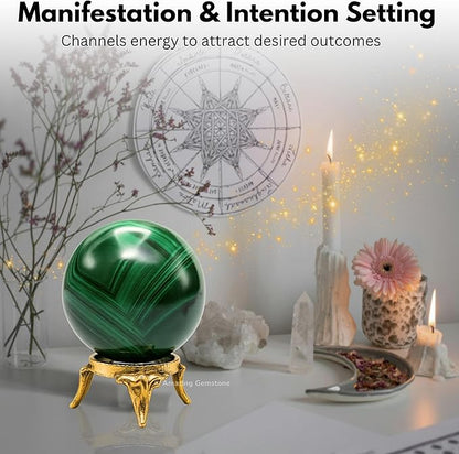 Amazing Gemstone Malachite Crystal Ball with Stand - 2" Inches Crystal Sphere Meditation Balls for Witchcraft and Decorative Balls