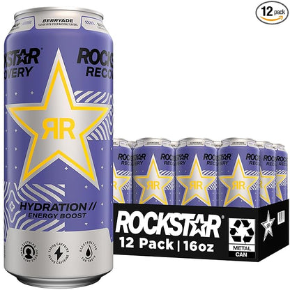 Rockstar Recovery Non-Carbonated Energy Drink, Berryade, 16 fl oz Cans, (12 Pack), Hydration // Mind-Body Energy,160mg Caffeine, B Vitamins, Electrolytes